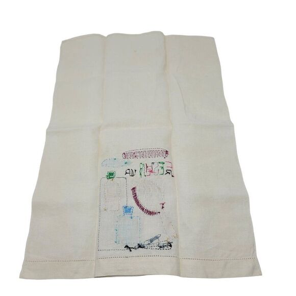 Vtg 60s Embroidered Linen Hand Towel Set Kitschy Vanity Bathroom Prop Display - Picture 7 of 9